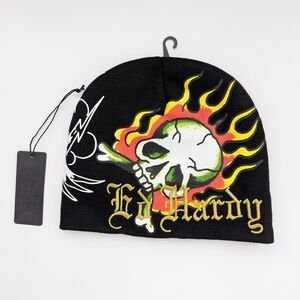 NWT Ed Hardy Adult Black Flame Skull Beanie/Chook/Tuque/Hat